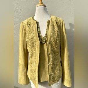 Lafayette 148 Green Suede Jacket & Beaded Tank 2 pc Set Sz 6 Soutache Boho EUC
